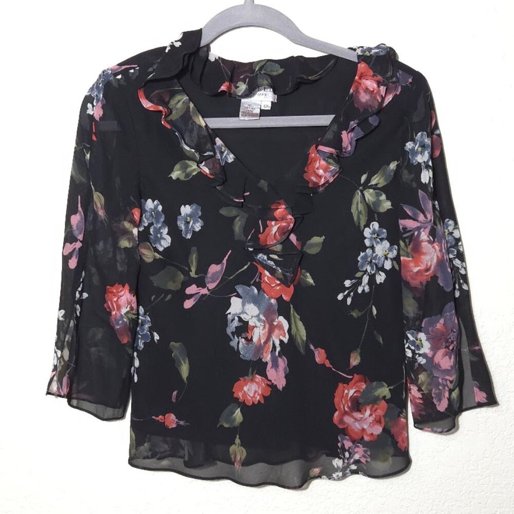 VINTAGE Papell Petites 100% Silk Floral Ruffle Blouse 6P